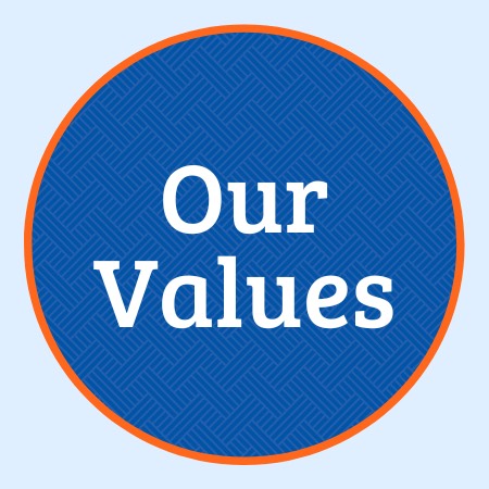 Blue weave pattern circle with orange outline and "Our Values" written in white